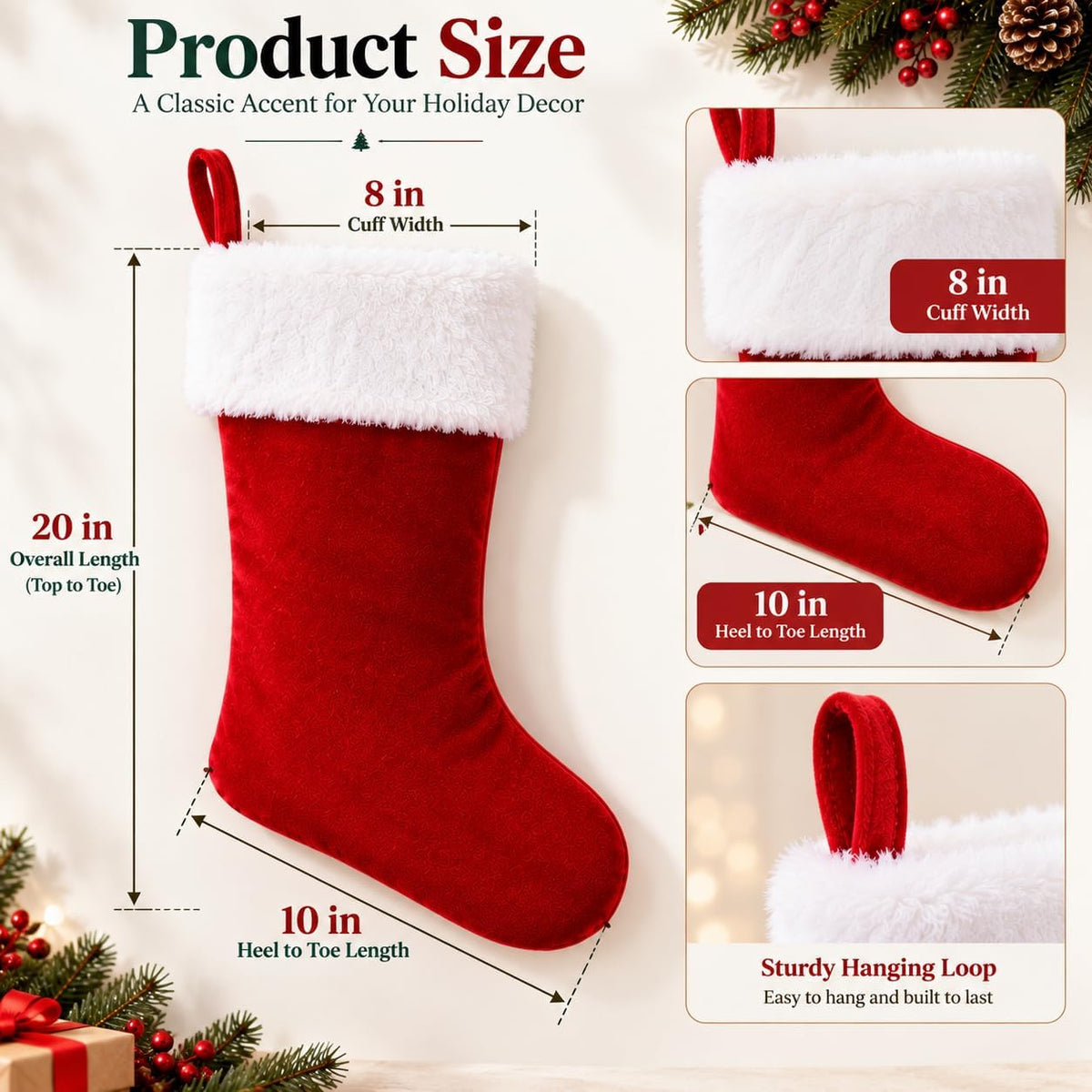 20 Inch Christmas Stockings Decorations: Classic Plain Red White Velvet Cotton Plush - Handmade Decor for Fireplace Mantel, Xmas Tree, Stairs