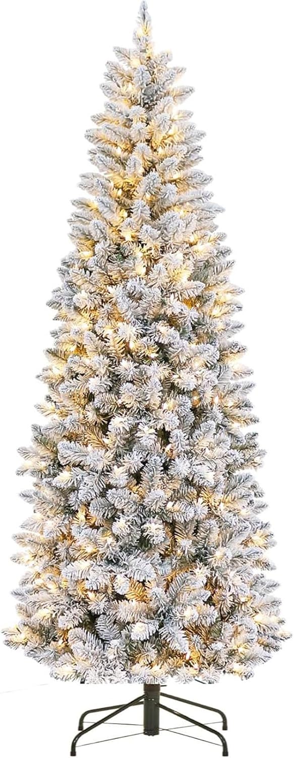 Garvee 6 ft Snow Flocked Pencil Christmas Tree, Slim Artificial Christmas Tree with Sturdy Metal Stand, Skinny Xmas Tree Holiday Decoration for Home, Office, Purple Gradient