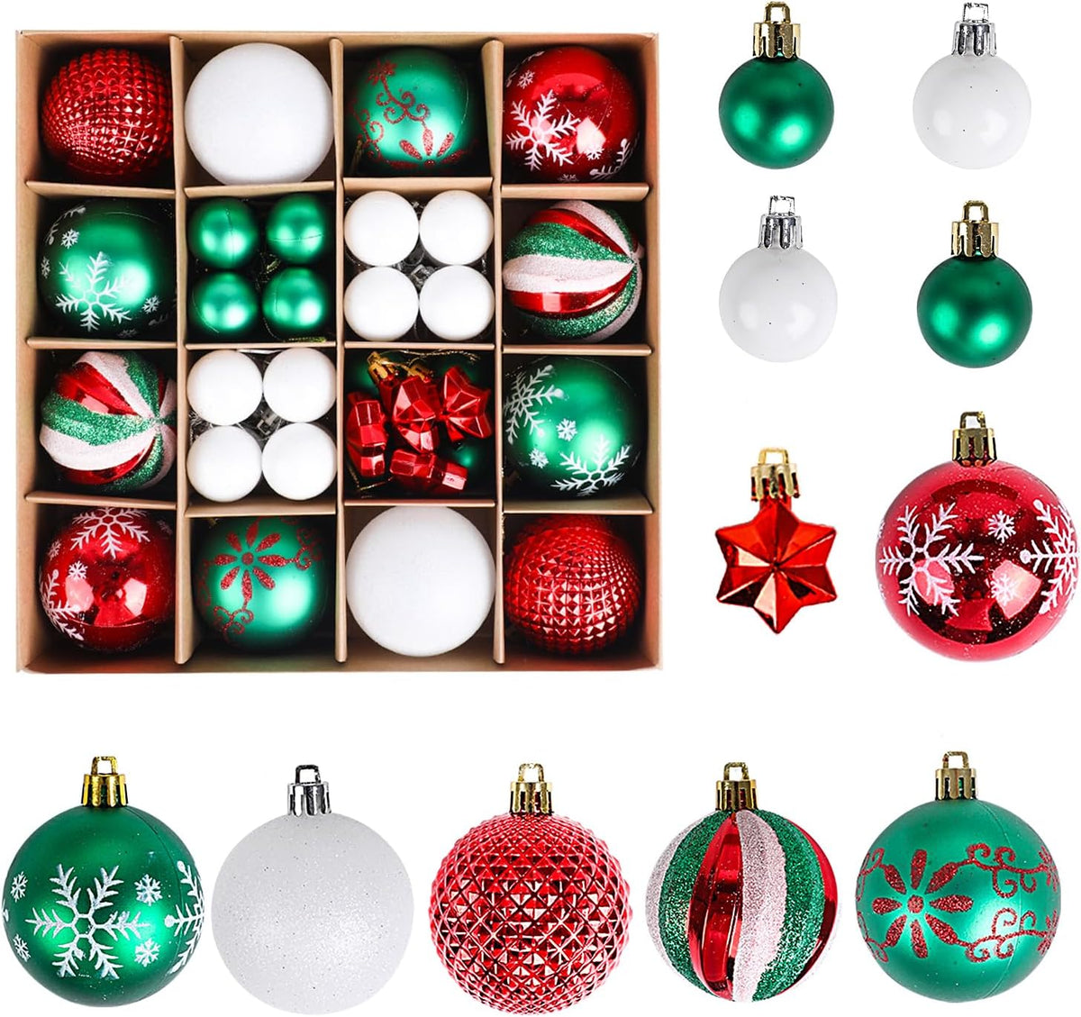 LOKIPA 44ct Christmas Ornaments, Shatterproof Red Green Gold Tree Balls Assorted Hanging Balls for Holidays Party Wedding Decoration (2.36Inch)