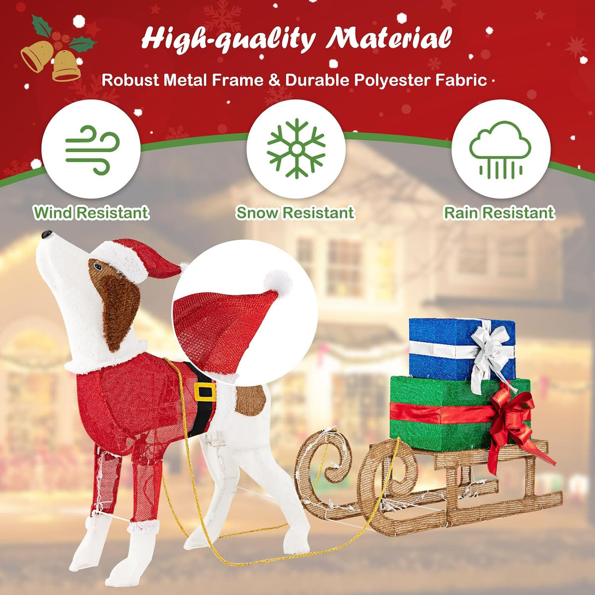Tangkula Lighted Christmas Dog with Sleigh & Gift Boxes Combo Decorations, Xmas Lighted Indoor Decorations, Pre-lit Christmas Decoration with 170 Warm Bright Lights for Porch Garden Patio Yard