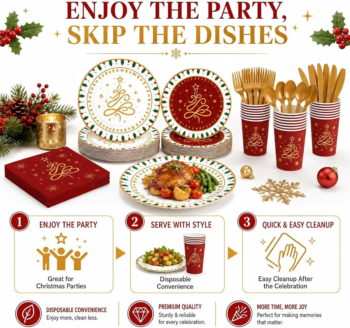 168 PCS Christmas Party Supplies Tableware Set, Disposable Xmas Dinnerware Set Serves 24 Guests, Christmas Tree Snowflake Paper Plates Cups Napkins Knives Forks Spoons for Holiday Decorations