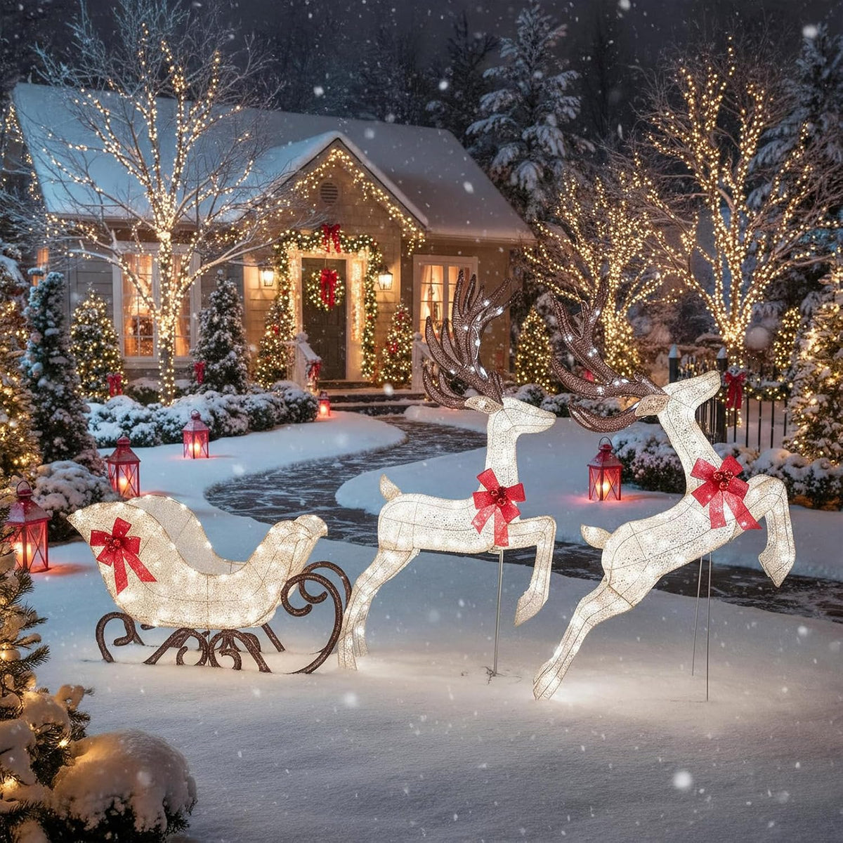 Tangkula 6 FT Christmas Lighted Reindeer & Santa’s Sleigh Set, Cold White