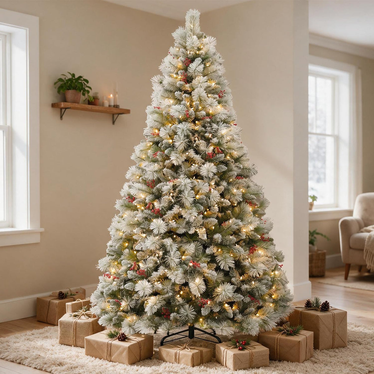 6FT Flocked Prelit Christmas Tree with Pine Needles&Red Berries