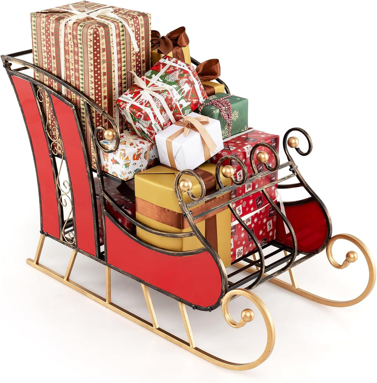 Tangkula Metal Christmas Santa Sleigh Basket, 2-Tier Red Xmas Santa's Gift Storage Sleigh with Large Cargo Area, Festive Decorative Sleigh Cart, Holiday Decoration for Home Office Carnival
