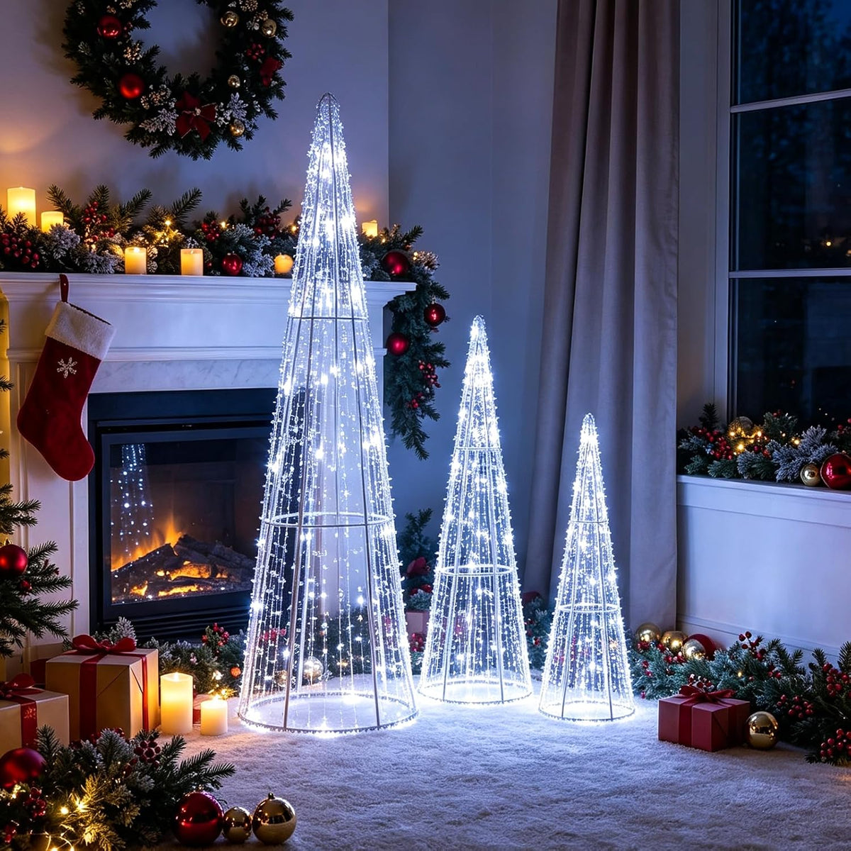 Tangkula Set of 3 Lighted Christmas Cone Trees with Warm White LED Lights