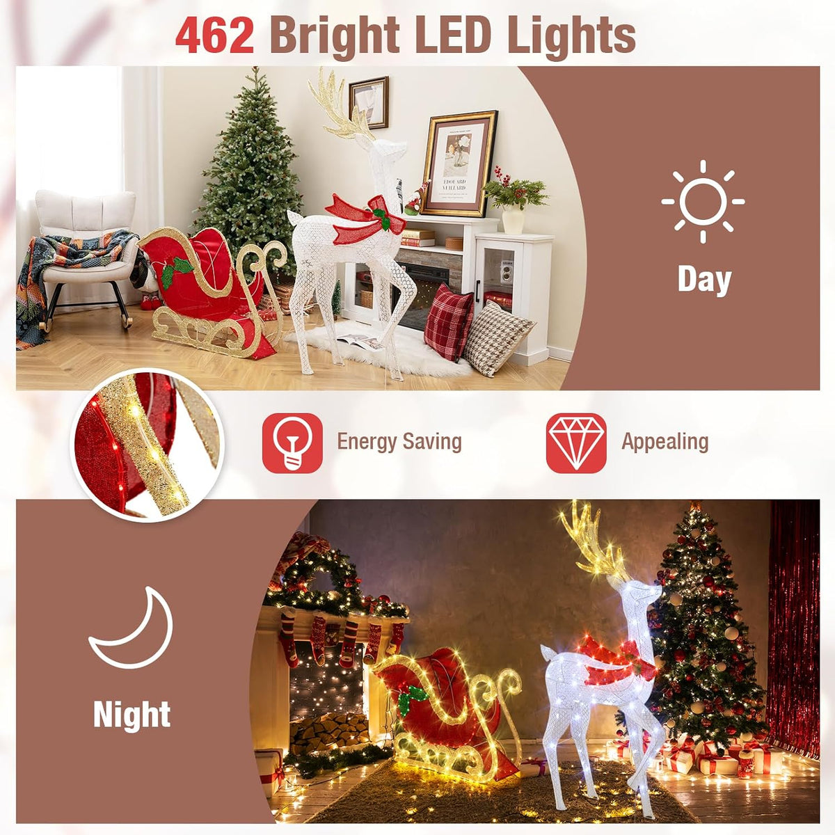 Tangkula 5.4 FT Christmas Lighted Reindeer & Santa’s Sleigh Set Decorations