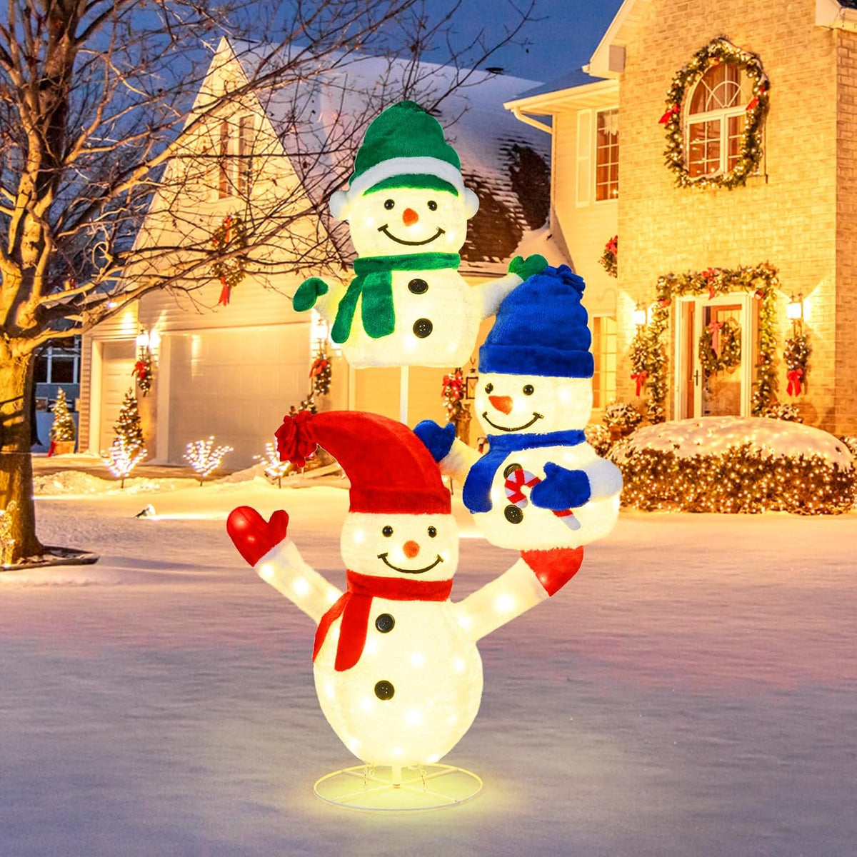 Tangkula 5.6 FT Lighted Christmas Stacked Snowman, 3D Xmas Light-up Snowman