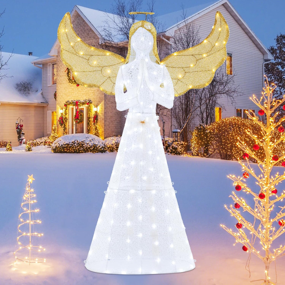 Tangkula 5 FT Christmas Lighted Angel with Trumpet & Halo, 3D Angel Decor