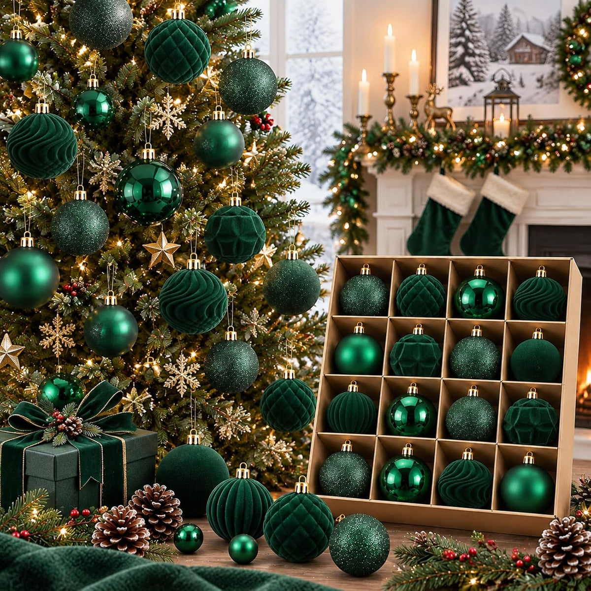 Hollowfly 56 Pcs Burgundy Velvet Christmas Balls Ornaments Set