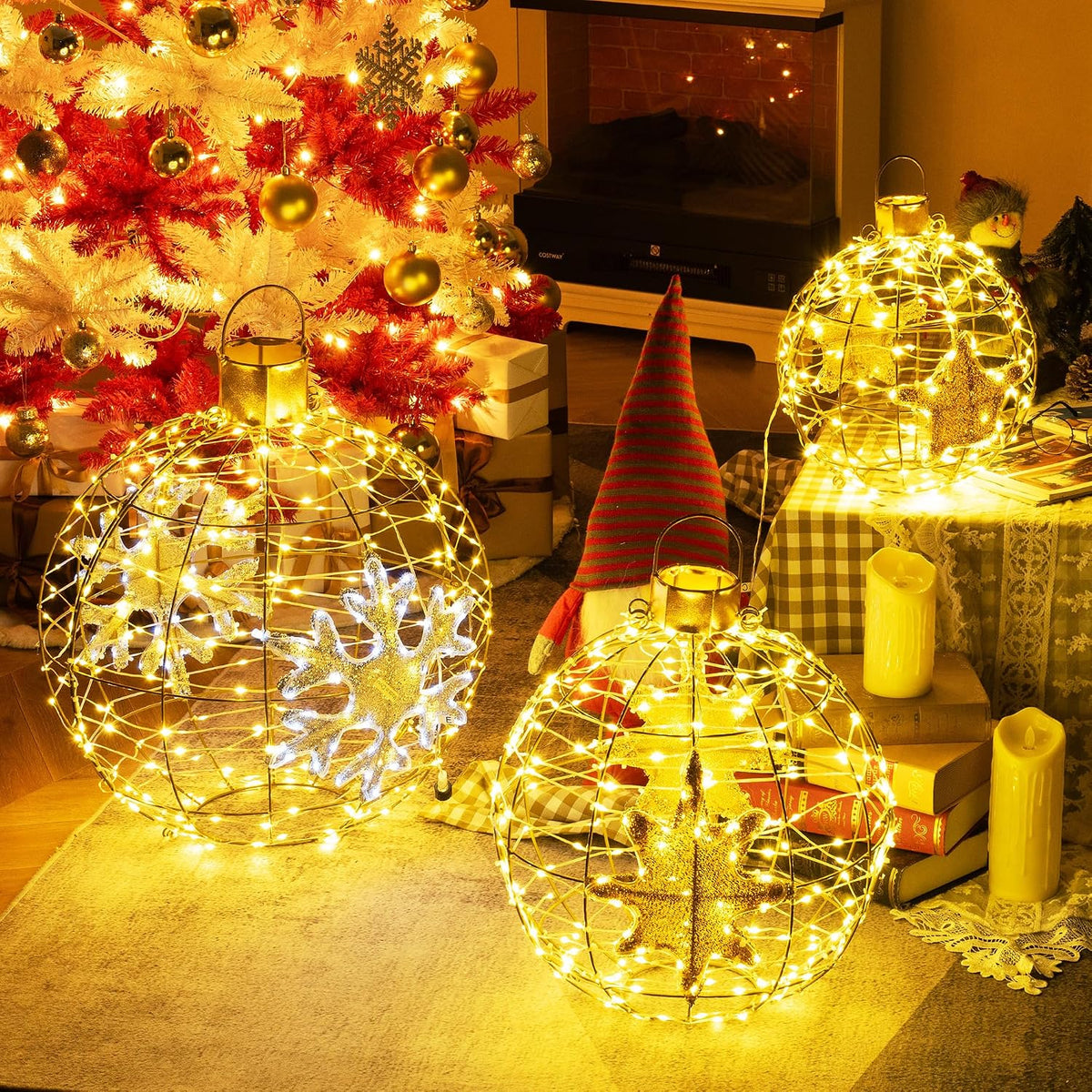 Tangkula 3 Pack Christmas LED Lighted Balls, Metal Twinkling Ornaments