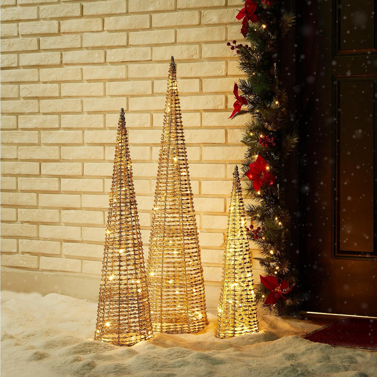 Glitzhome Lighted Christmas Crystal Cone Tree, with 65 LED Lights Warm White Holiday Christmas Decorations pre-lit Lawn Yard Decoration Festival Outdoor and Indoor use Long-Lasting, Gold, Set of 3
