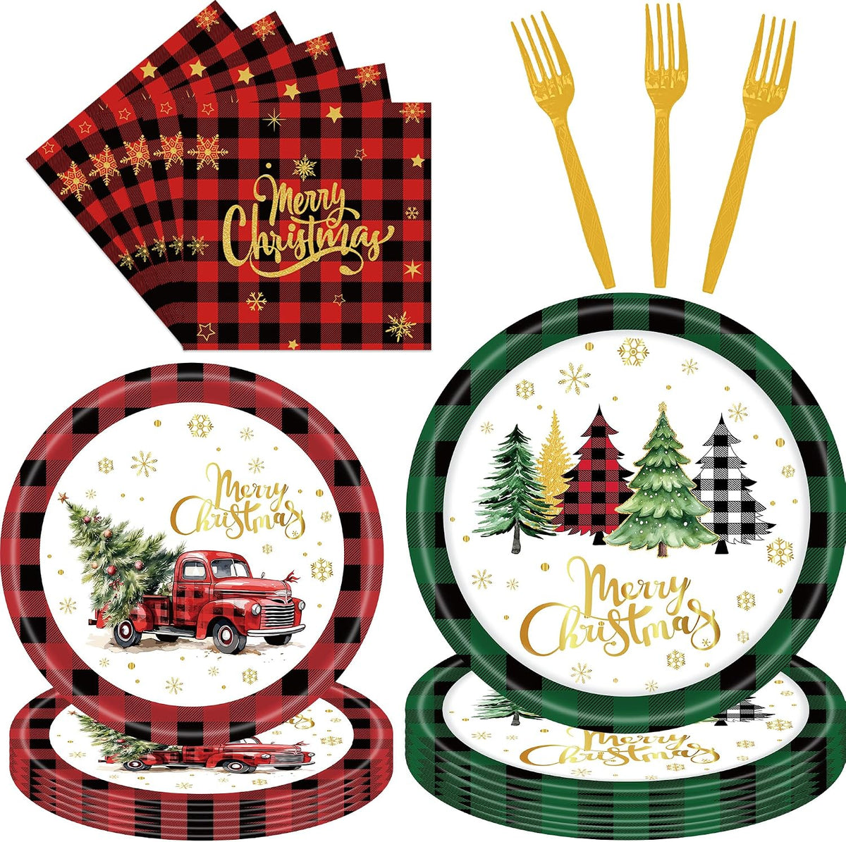 96 Pieces Christmas Poinsettia Tableware Set – Merry Christmas Disposable Plates, Napkins, Forks Party Supplies with Holiday Flower and Holly Designs for Xmas Parties Celebrations – Serves 24 Guests