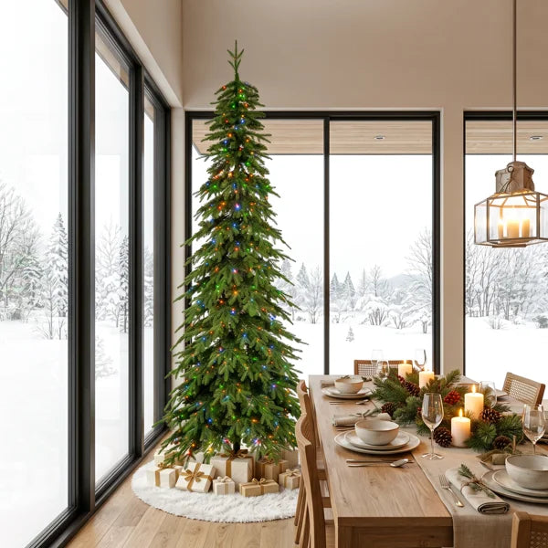 🎄 9ft Pre-Lit Pencil Spruce Artificial Christmas Tree with 580 Dual-Color LEDs & 9-Function Remote