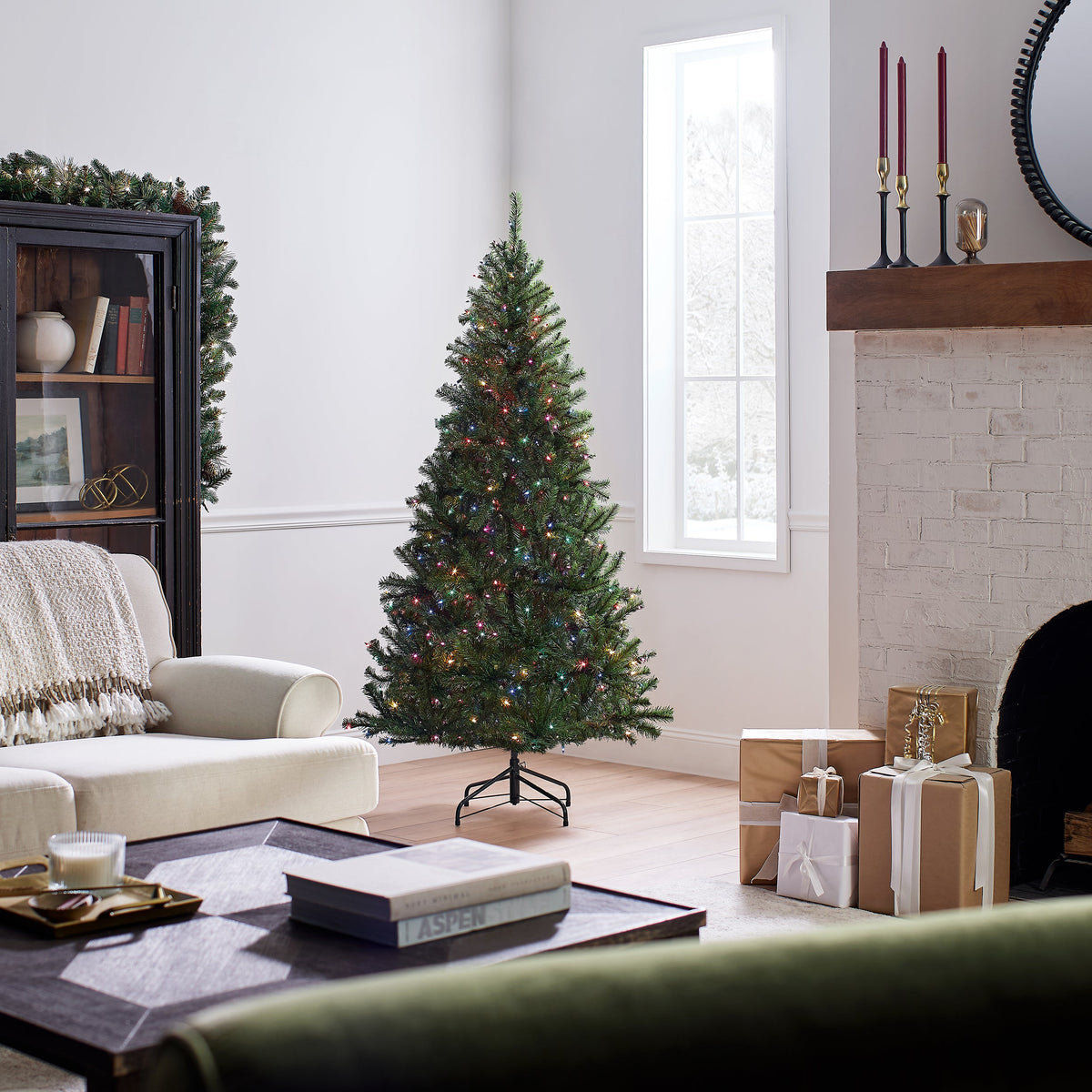 6 ft. Pre-Lit Aspen Spruce Slim Tree with Multicolor Lights, Plug-In