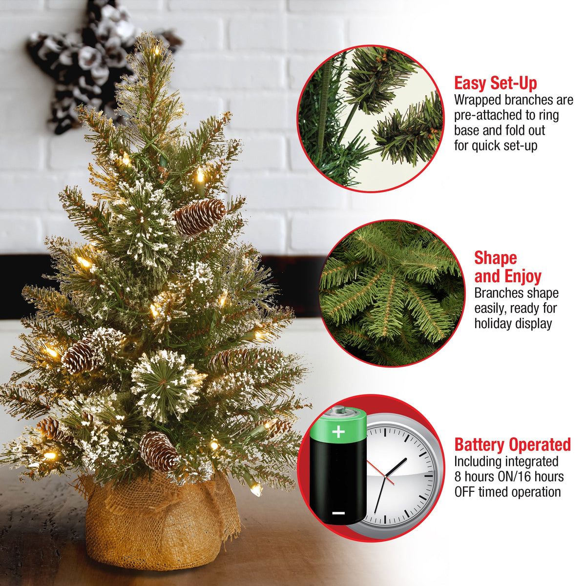 2 ft. Pre-Lit Glittery Bristle Tree with LED Lights
