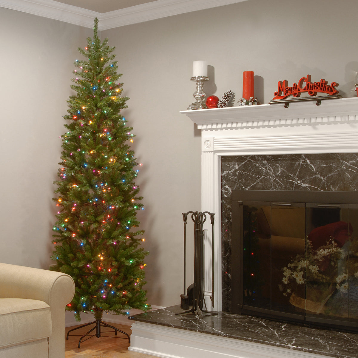 7.5 ft. Pre-Lit Kingswood Fir Pencil Tree with Multicolor Lights, Plug-In