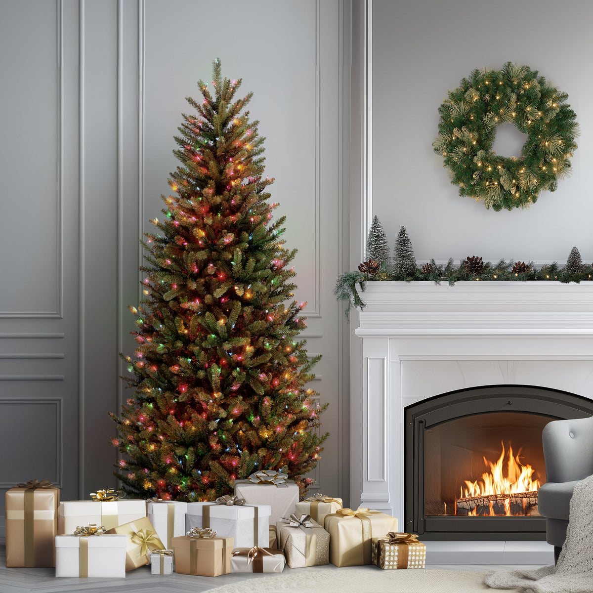 6.5 ft. Pre-Lit Natural Fraser Fir Slim Tree with Multicolor Lights, Plug-In