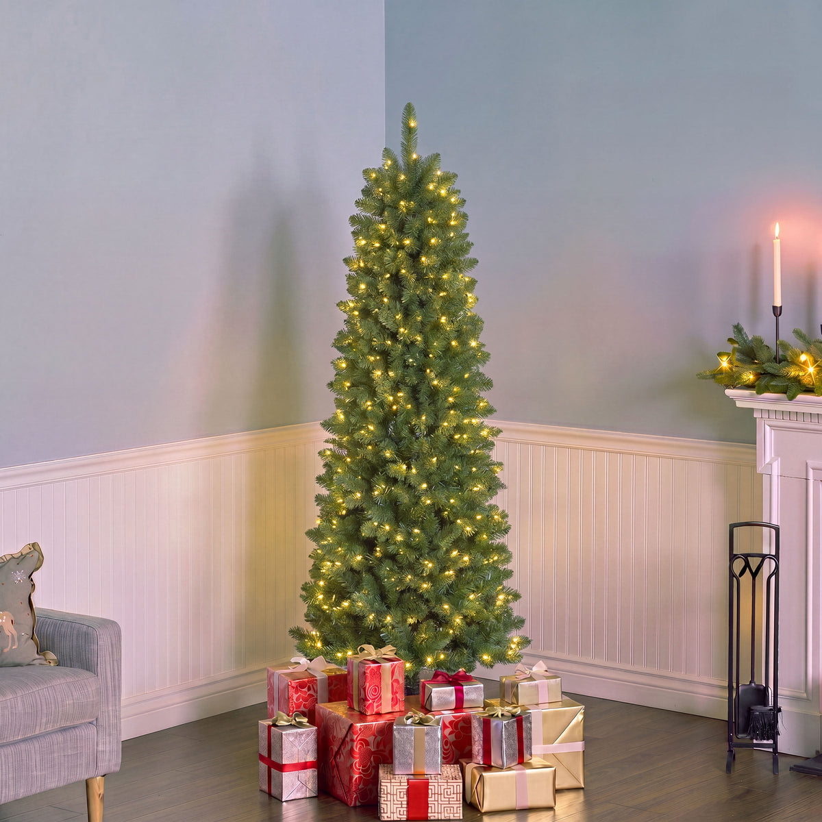 7 ft. Pre-Lit Downswept Douglas Fir Pencil Slim Tree with Dual Color LED Lights, Plug-In