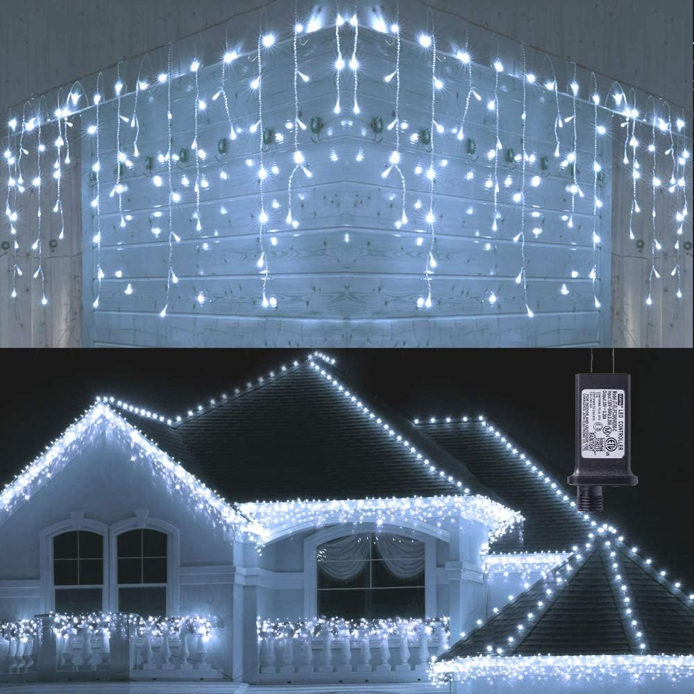 Toodour Christmas Icicle Lights Outdoor, 612 LED 50ft 8 Modes Fairy Icicle String Light with 102 Drops, Led Christmas Lights Twinkle for Holiday, Party, Wedding, Eaves, Xmas Decorations (Warm White)