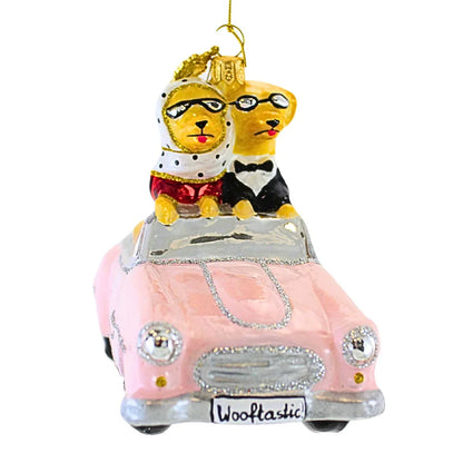 Pups In Pink Cabrio Glass Ornament, 3.75"