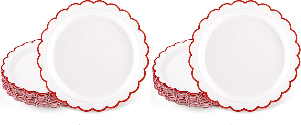 NatNarr 30 Pcs Red Paper Plates 9" Scalloped Red White Party Plates
