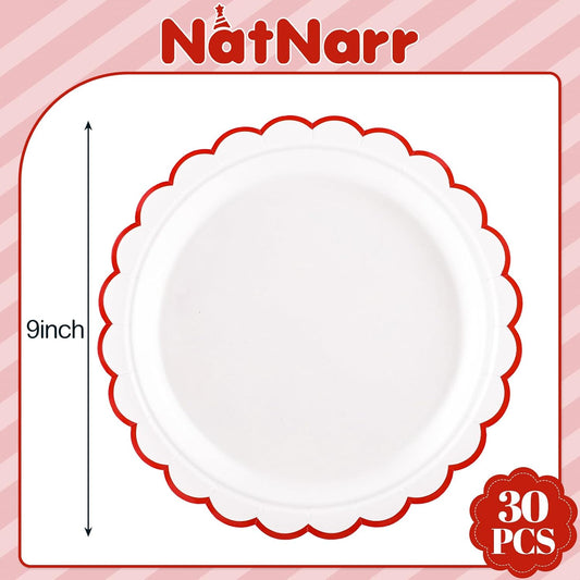 NatNarr 30 Pcs Red Paper Plates 9" Scalloped Red White Party Plates