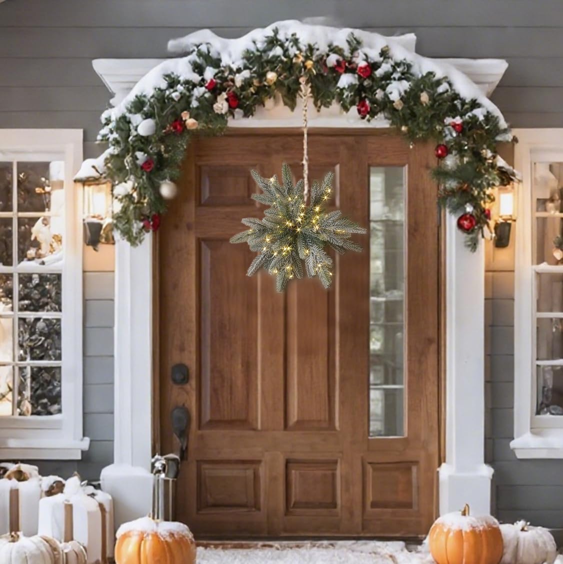 LITBLOOM Flocked Snowflake Lights with Timer Battery Operated and USB Plug in 18IN, Lighted Pine Branches with 60 LED Lights for Home Window Wall Fireplace Mantle Christmas Decoration Indoor