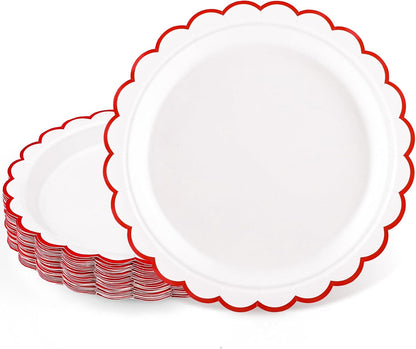 NatNarr 30 Pcs Red Paper Plates 9" Scalloped Red White Party Plates