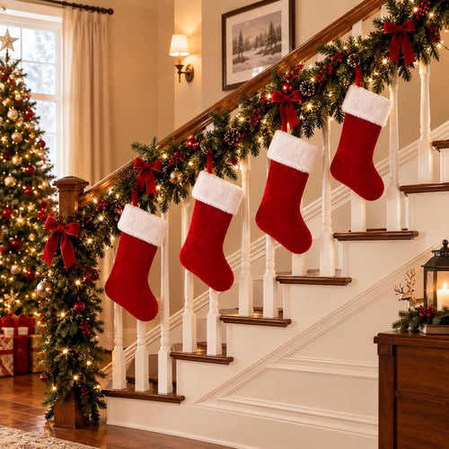 20 Inch Christmas Stockings Decorations: Classic Plain Red White Velvet Cotton Plush - Handmade Decor for Fireplace Mantel, Xmas Tree, Stairs