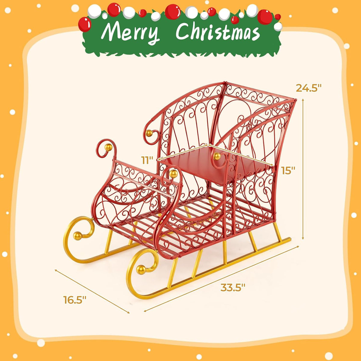 Tangkula Metal Christmas Santa Sleigh Basket, 2-Tier Red Xmas Santa's Gift Storage Sleigh with Large Cargo Area, Festive Decorative Sleigh Cart, Holiday Decoration for Home Office Carnival
