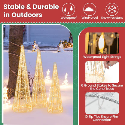 Tangkula Set of 3 Lighted Christmas Cone Trees with Warm White LED Lights