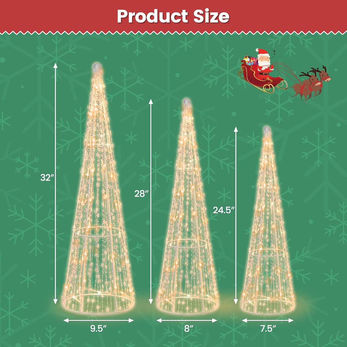 Tangkula Set of 3 Lighted Christmas Cone Trees with Warm White LED Lights