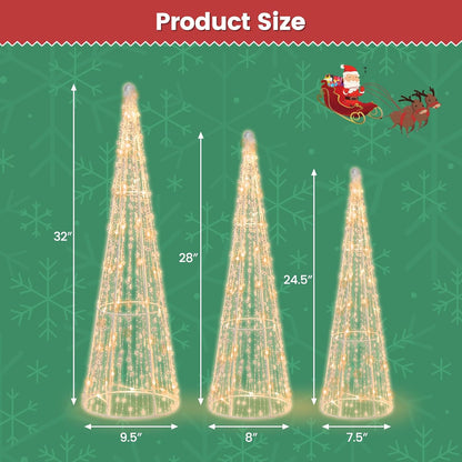Tangkula Set of 3 Lighted Christmas Cone Trees with Warm White LED Lights