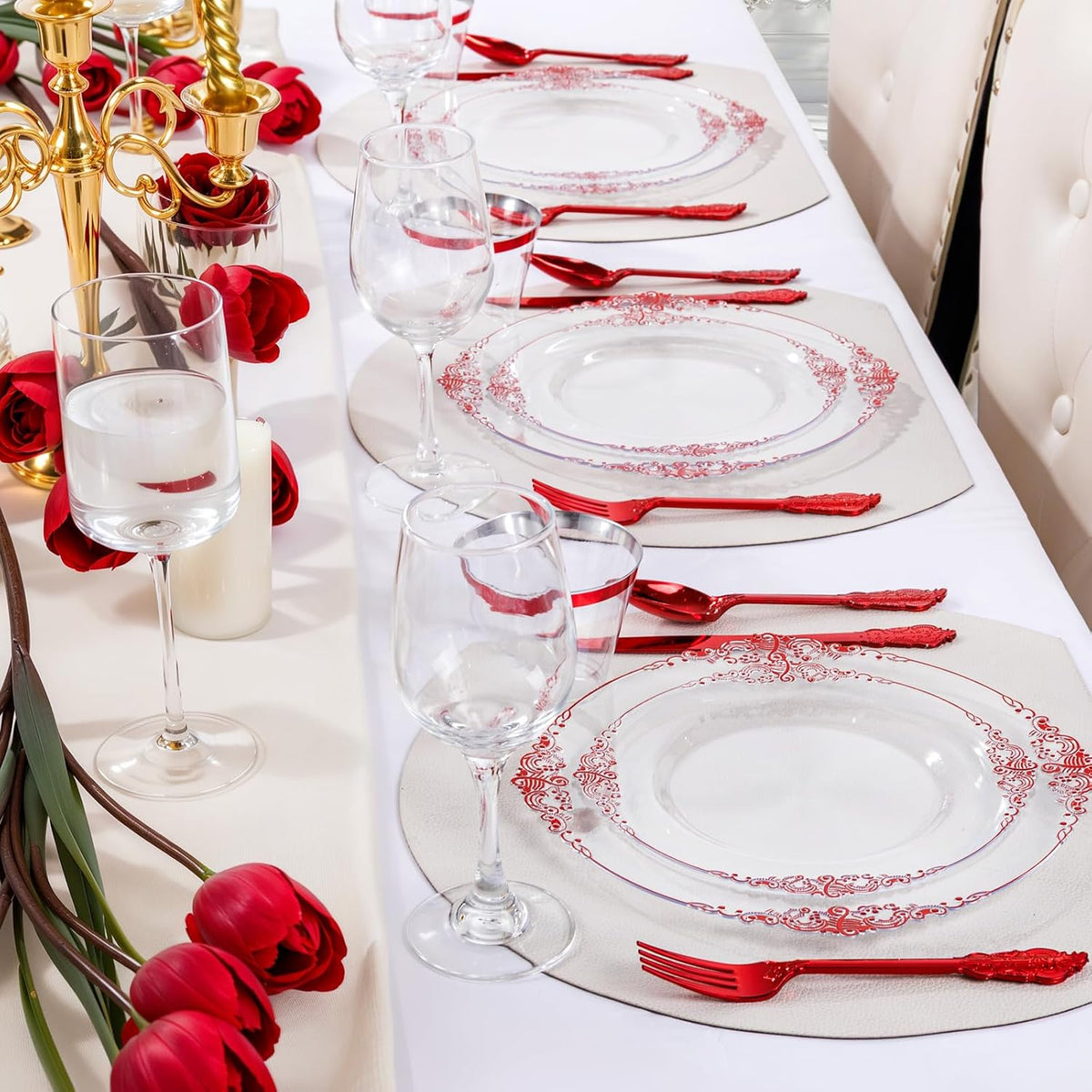 Nervure 100Pcs Clear Red Plastic Plates, Party Plates Set for 50Guests