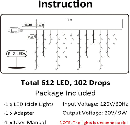 Toodour Christmas Icicle Lights Outdoor, 612 LED 50ft 8 Modes Fairy Icicle String Light with 102 Drops, Led Christmas Lights Twinkle for Holiday, Party, Wedding, Eaves, Xmas Decorations (Warm White)