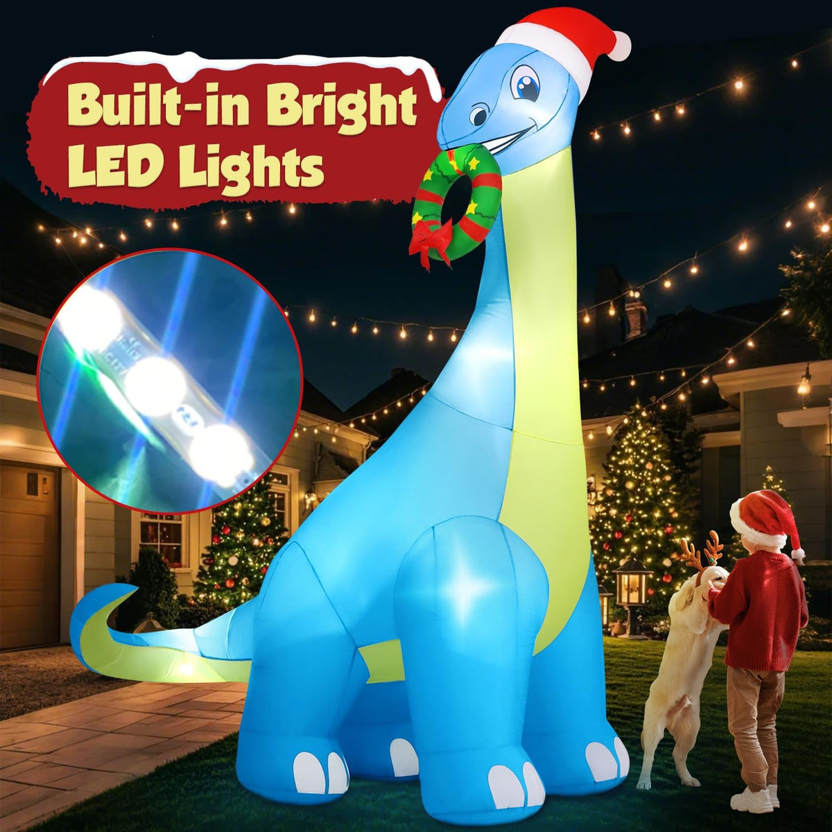 13FT Giant Christmas Inflatables Decoration Dinosaur Built-in Bright LED Lights & Extra Strong Blower Blow Up Yard Decoration Blowups with Large Huge Xmas Wreath Hat for Holiday Party Xmas New Year