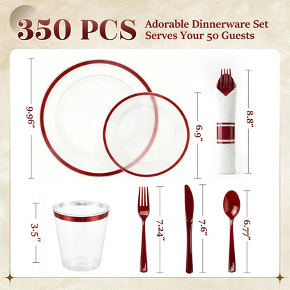 350PCS Clear Red Plastic Plates Dinnerware Sets for 50 Guests