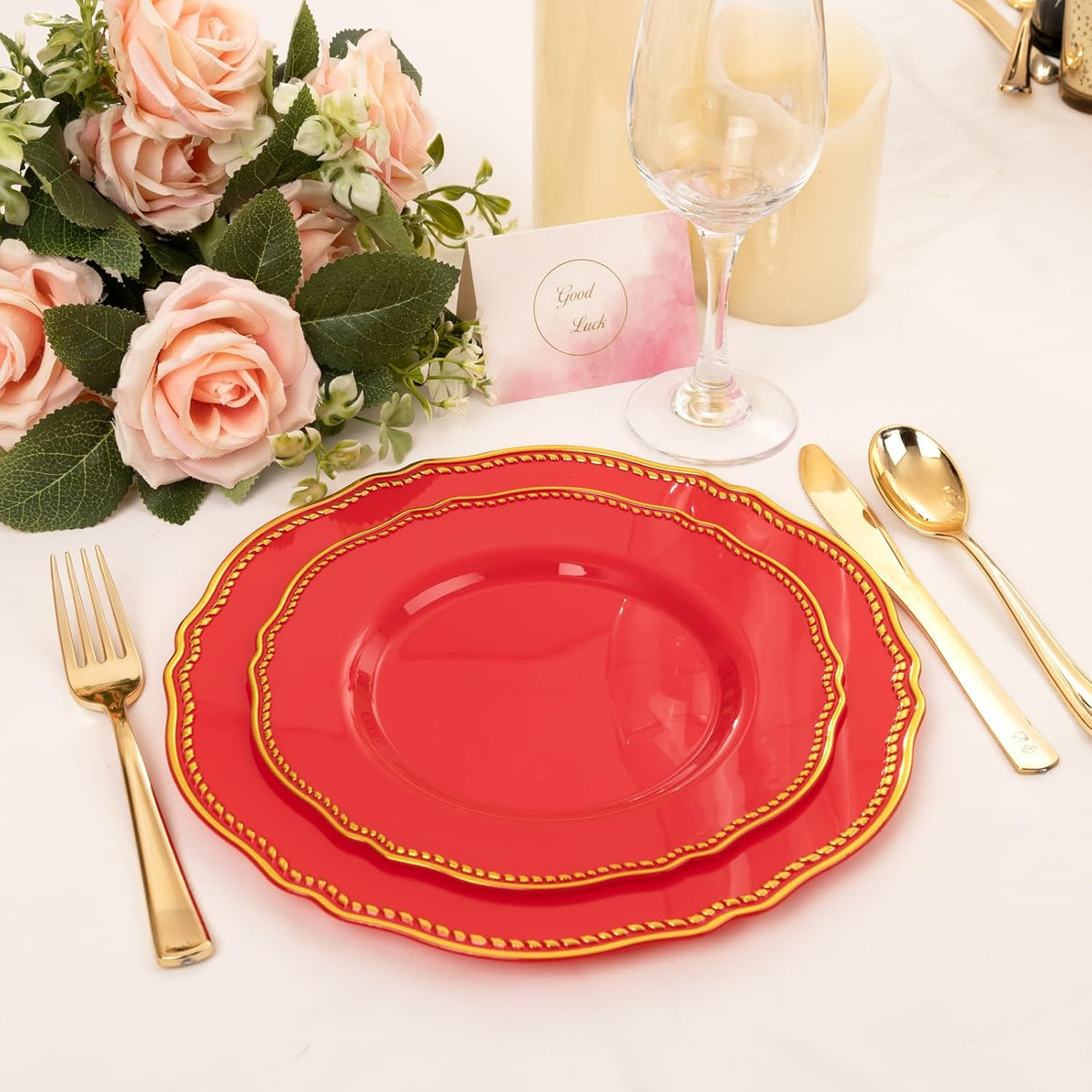 Hioasis 60 Pcs Red Gold Dessert Plates for Christmas