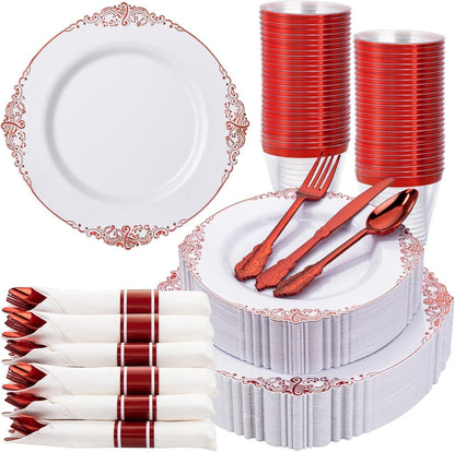 Nervure 175Pcs Red Plastic Plates, Red Plastic Dinnerware Set for 25 Guests