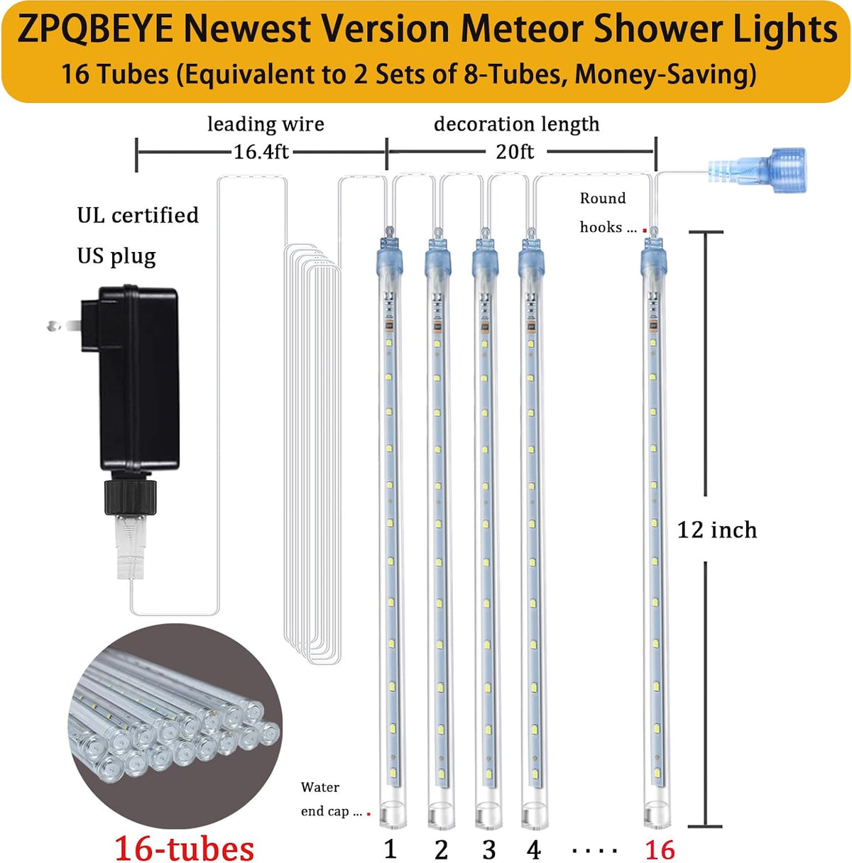 Christmas Outdoor Meteor Shower Lights 16-Tube 384LEDs Falling Rain Lights