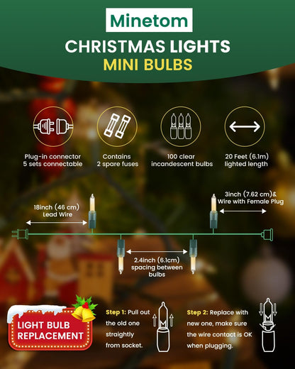 Minetom Clear Christmas String Lights 100 Count 20 Feet Incandescent Bulb