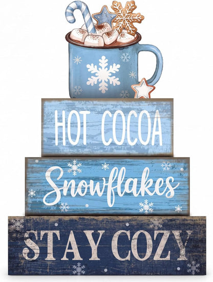 Moucuny 4 Pcs Christmas Table Decorations Indoor, Hot Cocoa Wood Block Sign