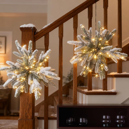 LITBLOOM 2 Pack Lighted Flocked Pine Snowflake Battery Operated with Timer 18IN, Lighted Pine Branches with 60 LED Lights for Home Window Wall Fireplace Mantle Christmas Decoration Indoor Outdoor
