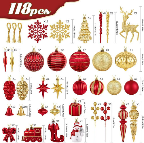 JOICEE 118Pcs Christmas Balls Ornaments Set for Christmas Tree Decorations