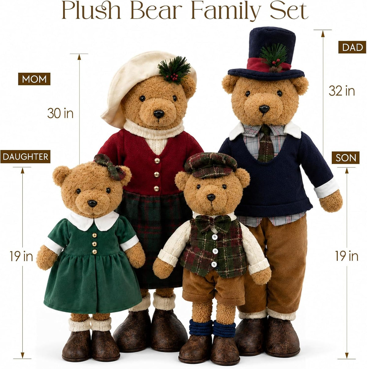 Christmas Decorations - Plush Bear Family Set of 4 - Indoor Home Decor
