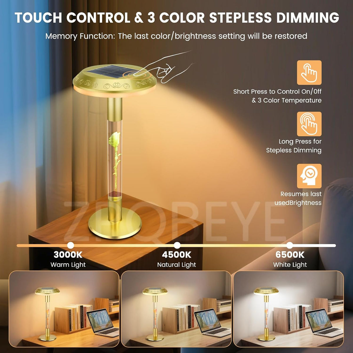 Solar Table Lamp, 7-Color Changing Touch Control Rechargeable Light