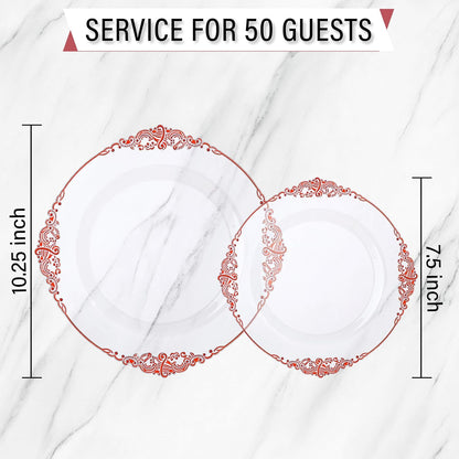 Nervure 100Pcs Clear Red Plastic Plates, Party Plates Set for 50Guests