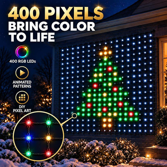 Christmas LED House Net and Smart Outdoor Wall Curtain Light 400 LEDs 6.6 x 6.6 FT Color Changing APP Control Music Sync DIY Animated Display for Windows Roofs Patio Holiday Decorations
