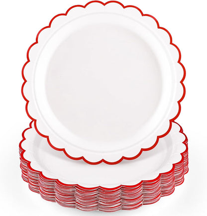 NatNarr 30 Pcs Red Paper Plates 9" Scalloped Red White Party Plates