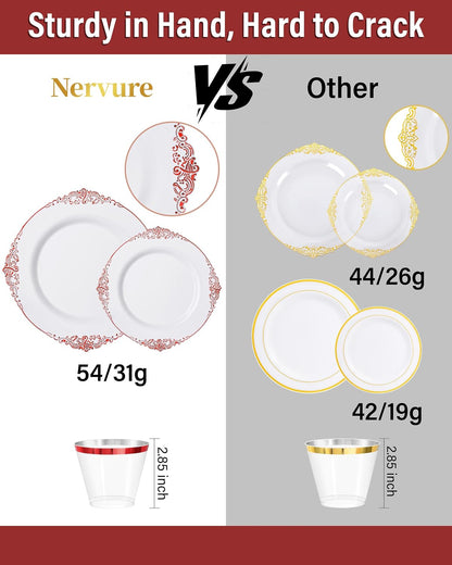 Nervure 175Pcs Red Plastic Plates, Red Plastic Dinnerware Set for 25 Guests